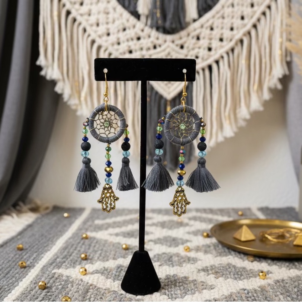 New Gray Dreamcatcher Tassel Earrings with Gold Hamsa Hand, Star of David